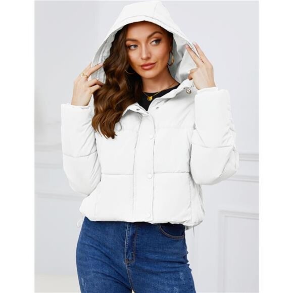 Womens Cropped Puffer Jacket Hooded Zip Up White - Picture 4 of 6